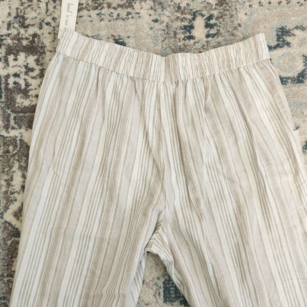 Land 'n Sea Wide Leg Pants Womens L Linen Blend Elastic White Beige Stripes - Picture 5 of 11